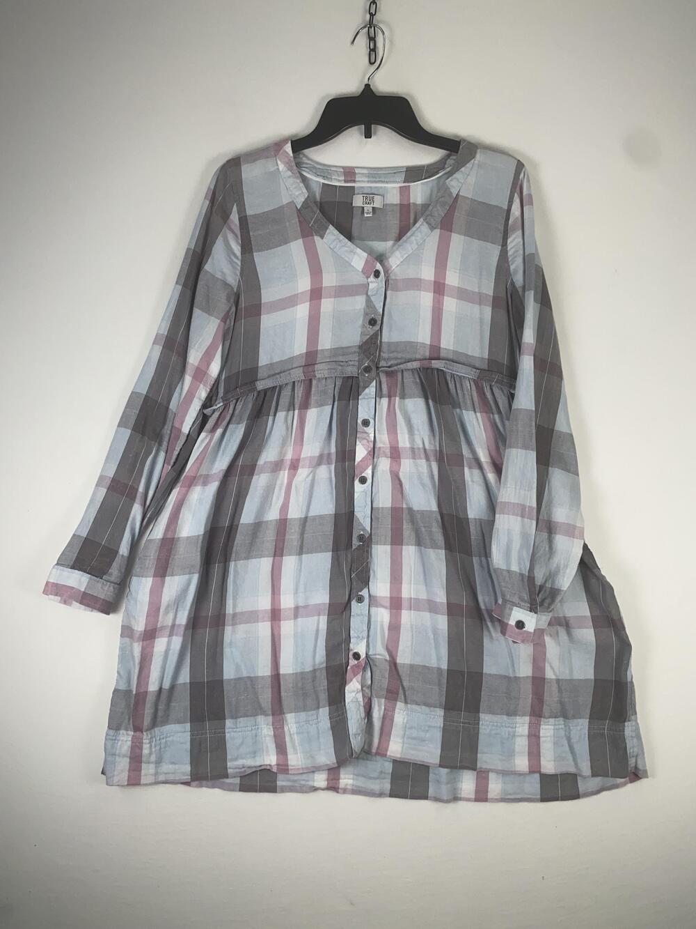 TRUE CRAFT Shirt Dress Womens Large Gray Plaid Long Sleeve Button Front Casual